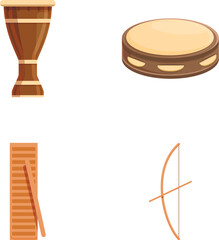 Collection of four cartoonstyle traditional musical instruments including a drum and a bow