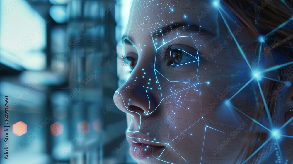 Leinwandbilder a close-up of a womans face scanned by a facial recognition system, showcasing the intricate technol