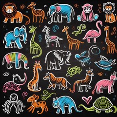 Obraz premium Animal Adventure: Chalk Drawing Bringing Zoo Animals to Life