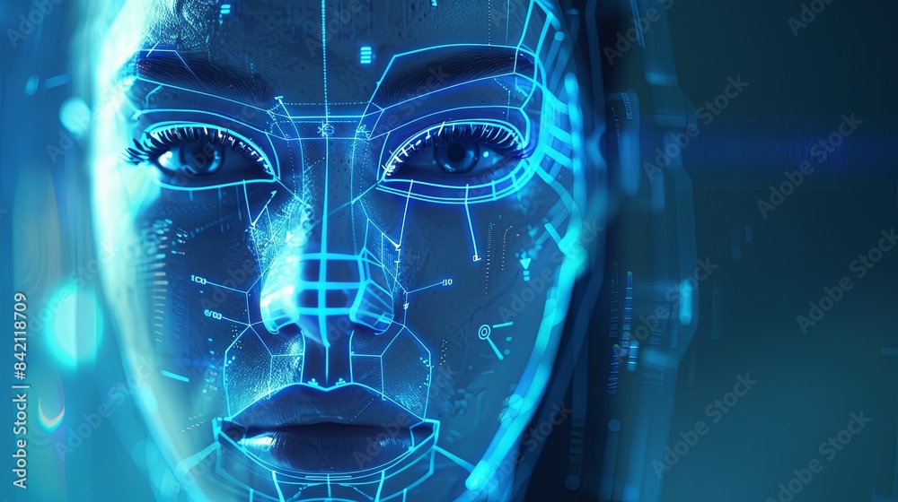 Leinwandbilder A close-up of a womans face with a digital grid overlay, showcasing a facial recognition system in action. Generative AI