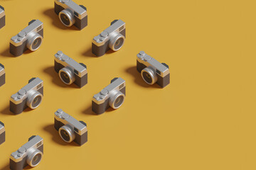 Isometric pattern of photo cameras on yellow background. 3d illustration.