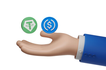 Cartoon hand holding Tether USDT and USDC coin isolated on white background. 3d illustration.