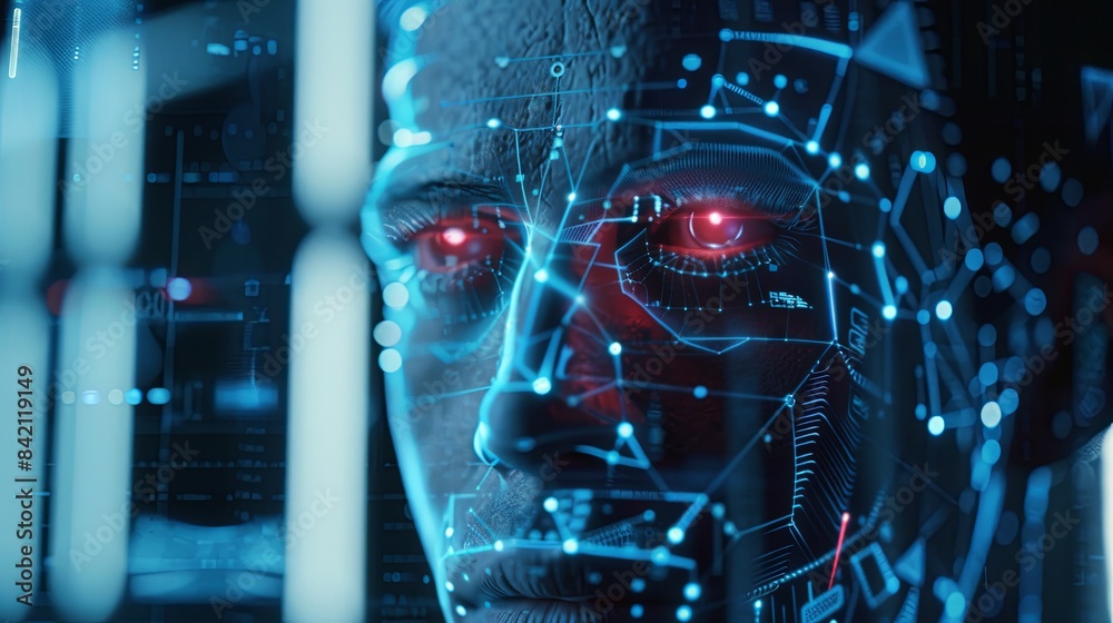 Leinwandbilder a close-up image of a persons face being scanned by facial recognition technology. blue lines and do