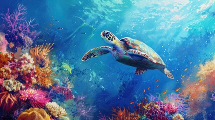 Fototapeta premium Wild green sea turtle gliding through vibrant coral reef