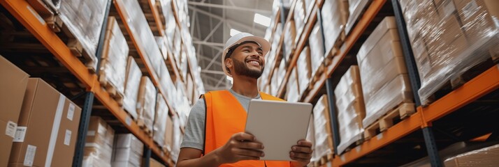 At a Distribution Center, a Warehouse Worker utilizes a tablet to oversee inventory management, prioritizing quality control and efficiency. Safety measures include a safety vest and hard hat