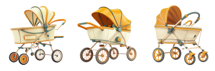 modern set collection of baby stroller pushchair carriage on wheels for babies or children newborn essential care gear in different stylish designs isolated on transparent background