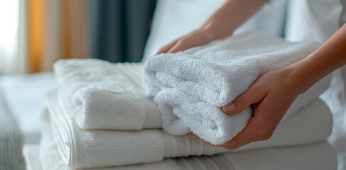 Freshly laundered white towels in close-up hands, ideal for advertising hotel services, spa treatments and premium laundry products aimed at maintaining cleanliness