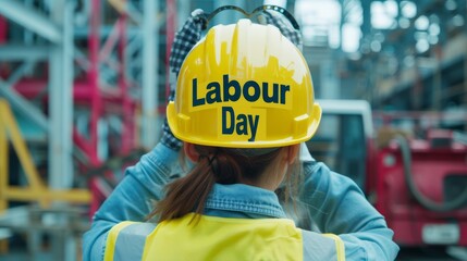 Worker wearing yellow hard hat with 'Labour Day' label in industrial setting. Studio shot for design and print
