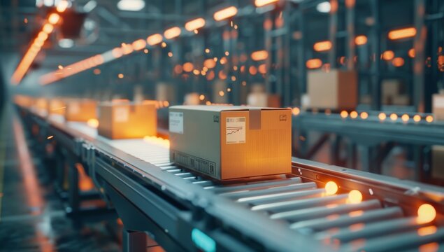 Futuristic warehouse with digital data visualization of software and cargo on conveyor belt in motion, high speed photography, data flow style