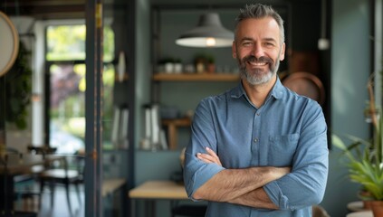 Obraz premium Handsome middle-aged man smiling and standing with arms crossed in his modern office, looking at the camera. A man wearing a casual shirt standing in front of a glass wall in the coffee shop