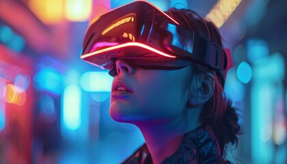 Gamer engrossed in a virtual reality headset, fully immersed in an exciting digital world, with neon lights and futuristic graphics reflecting the intensity of the experience