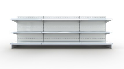 Three empty supermarket shelves isolated on a white background.