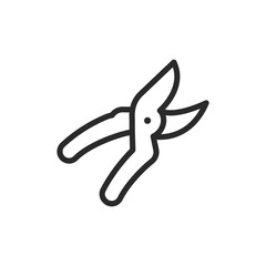 Pruning shears or metal/plastic cutting scissors, linear style icon. Editable stroke width.