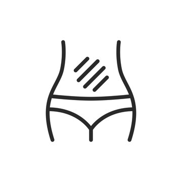 recommend clip art: Stomach ache, linear style icon. Body with highlighted abdominal pain area. gastrointestinal discomfort. Editable stroke width