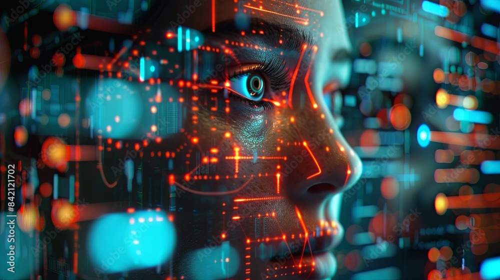 Leinwandbilder A close-up image of a face with glowing digital lines and dots overlaying it, visualizing the process of facial recognition. Generative AI
