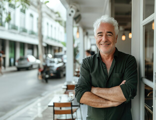 Obraz premium A smiling middle-aged man with gray hair, standing at a cafe entrance