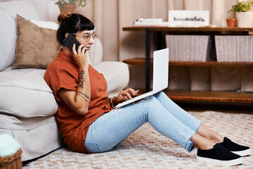 Woman, phone call and laptop for remote work or planning, networking and freelancer on lounge floor. Female person, talking and consulting a contact in home, schedule and website for agenda or search