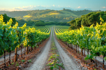 Vineyard rows under a sunny sky, path leading through the middle