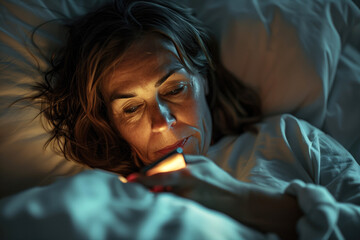 A woman lying in bed at night, illuminated by the blue light of her smartphone