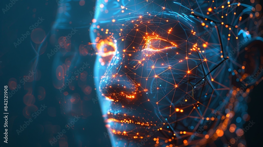 Leinwandbilder A futuristic representation of facial recognition technology, showcasing a digital face constructed from glowing lines and points of light. Generative AI