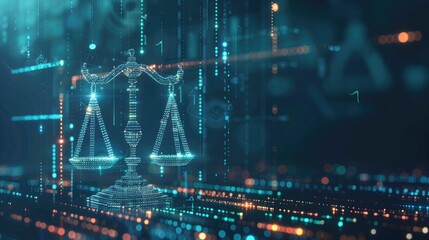 Balance scale formed by binary code highlighting AI ethics and the balance of technology and justice. AI ethics