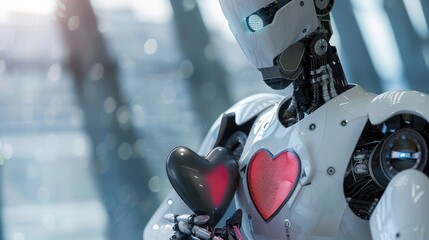 Fototapeta premium Ethical and responsible AI depicted by robot holding heart and shield. AI ethics