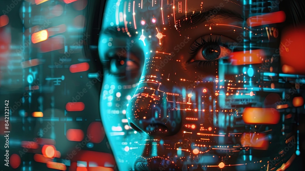 Aufkleber an abstract image of a human face overlaid with digital data, representing the concept of facial rec