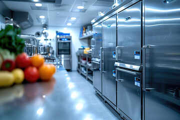 Refrigeration chamber for food storage. A modern commercial kitchen featuring stainless steel appliances and fresh vegetables on the counter