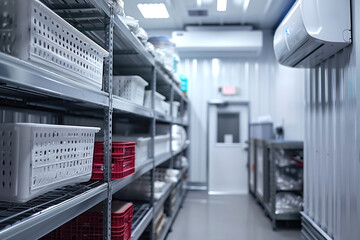 A modern walk-in commercial refrigerator with metal shelving. Refrigeration chamber for food storage