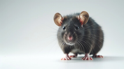 A close-up image of a black rat looking directly at the camera on a white background