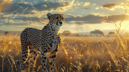 A cheetah stands majestically in a golden grassland at sunset. Africa is a savanna in Kenya. Safari to observe the animals of Kenya.