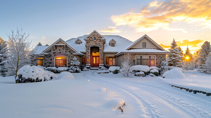 A picturesque winter scene of a large house with snow-covered surroundings at sunset.