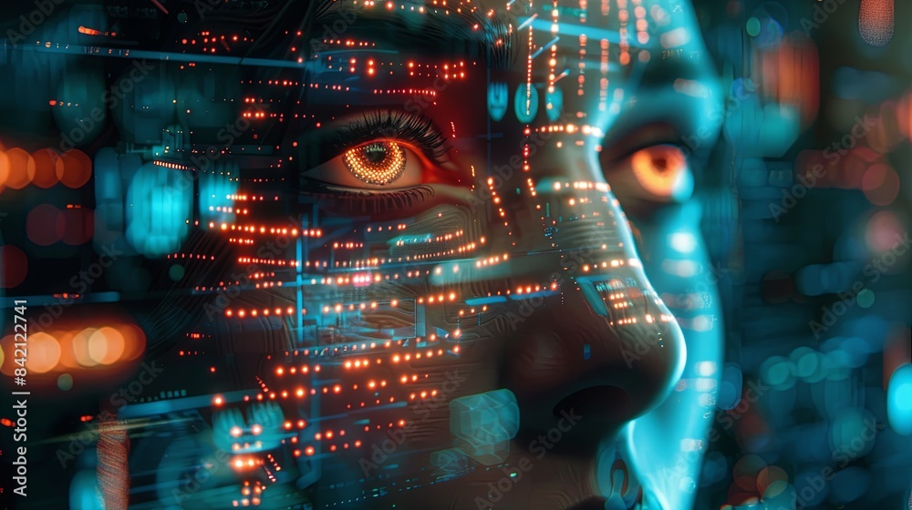 Poster a close-up image depicting a human face overlaid with a digital interface, showcasing the concept of