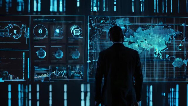 A man and modern science and technology information big data background
