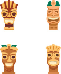 Illustration of four different cartoon tribal masks with various designs and expressions