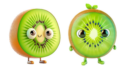 Two cartoon kiwi characters, cut out