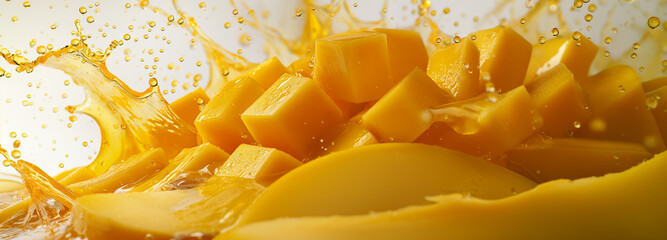 A slice of mango drops in orange juice, blending vibrant flavors
