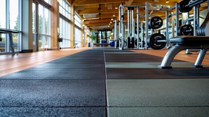 A close-up view of the rubber flooring in a modern gym, with weightlifting equipment and large windows in the background.