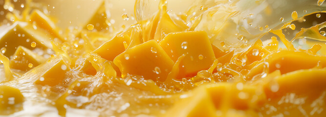 A slice of mango drops in orange juice, blending vibrant flavors