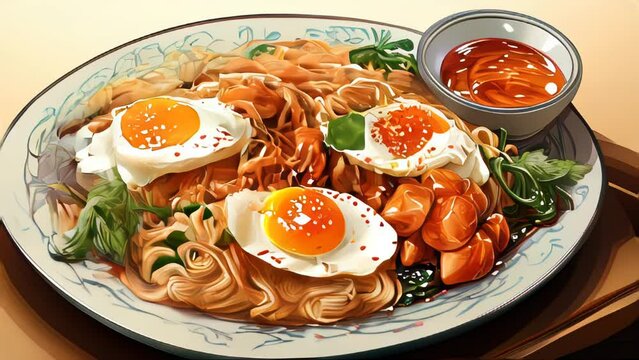 Traditional japanese udon noodle bowl with crispy fried tofu, meatballs, wakame seaweed and onion