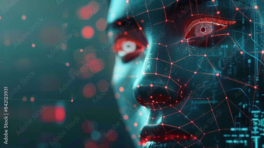 Aufkleber a close-up image illustrating the concept of facial recognition technology, with a digital grid supe