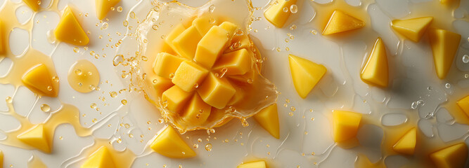 A slice of mango drops in orange juice, blending vibrant flavors