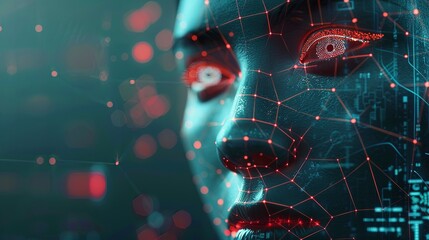 A close-up image illustrating the concept of facial recognition technology, with a digital grid superimposed over a human face. Generative AI