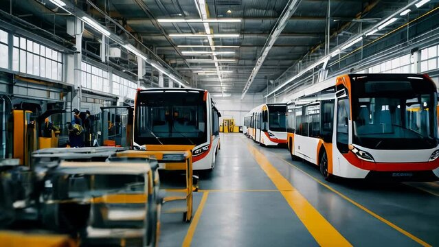 A modern bus manufacturing workshop with multiple electric buses on the production line. The industrial setting is well-lit and organized, highlighting the advanced technology and assembly process