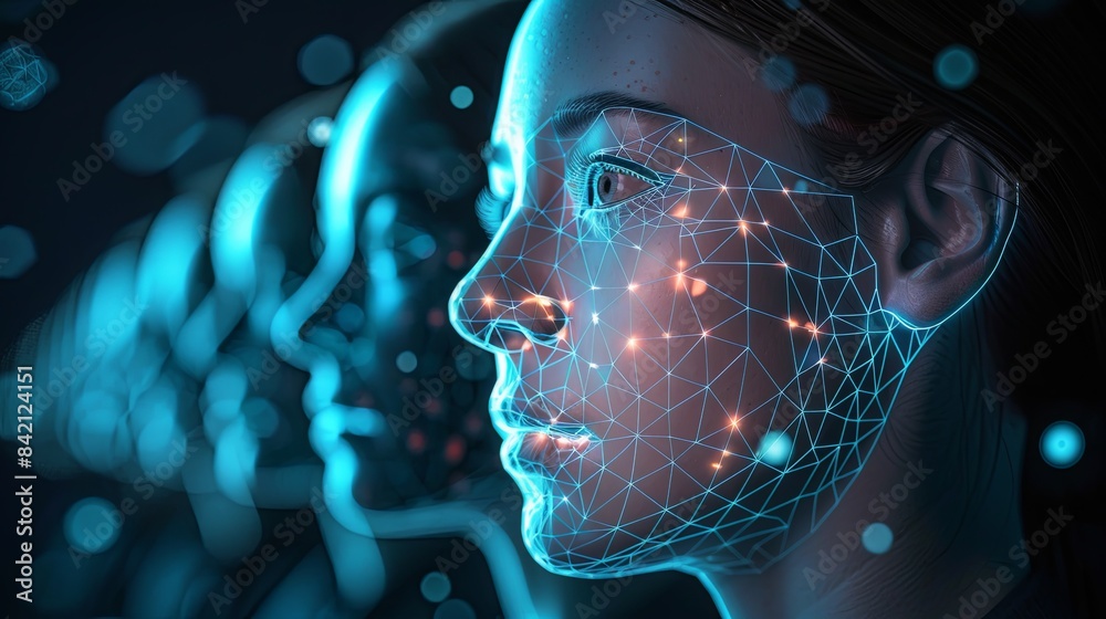 Aufkleber a womans face is enveloped in a digital grid, highlighting the advancement of facial recognition tec