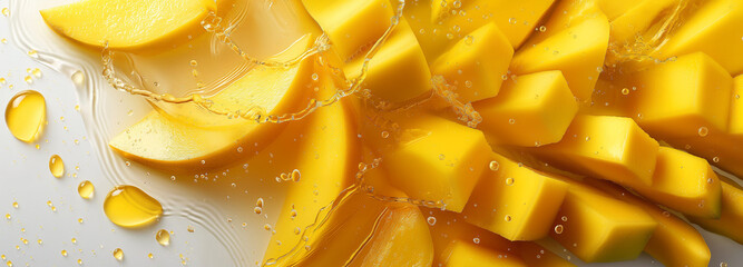 A slice of mango drops in orange juice, blending vibrant flavors