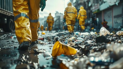 Workers in yellow suits cleaning up trash in a street