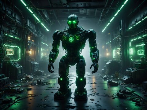 Futuristic robot in loby with green lights