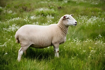 Fototapeta premium A beige sheep in verdant meadow with white flowers, peaceful and content