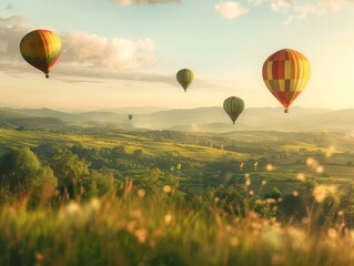 Obraz premium Colorful Hot Air Balloons Over Scenic Countryside, Travel and Adventure Concept
